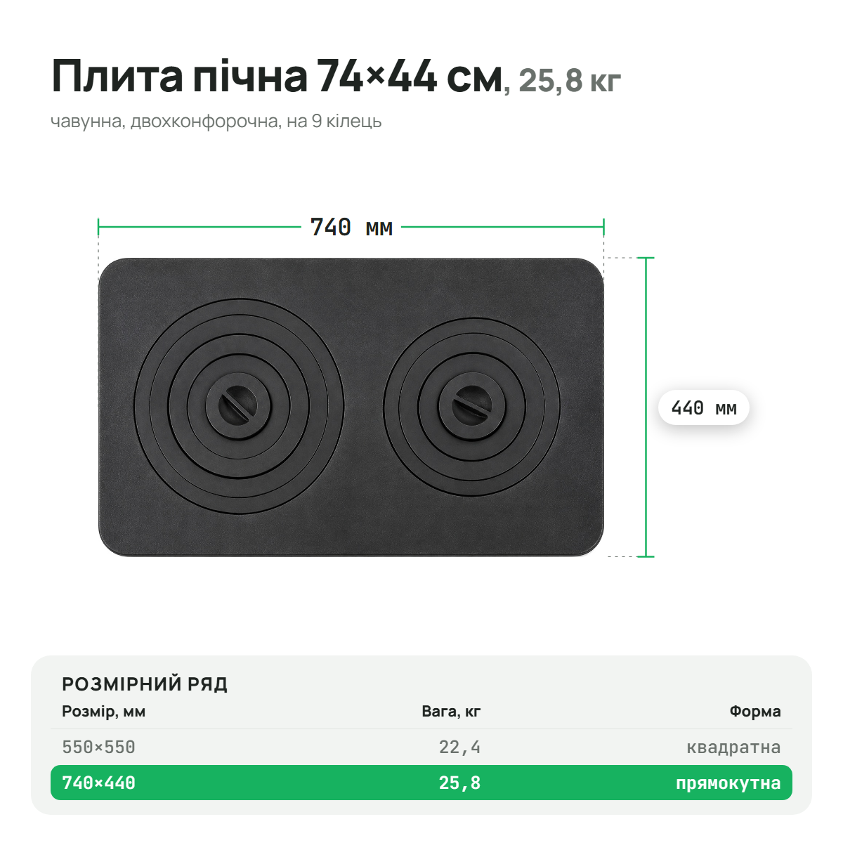 Плита чавунна пічна 740х440 мм двохконфорочна та на 9 кілець ТМ СІТОН 7444F фото