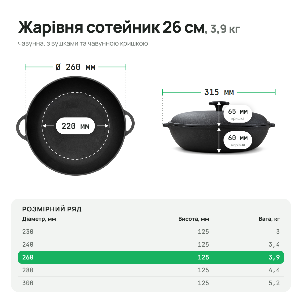 Жаровня чугунная сотейник 260х60 мм с чугунной крышкой ТМ СИТОН 2660R-K фото