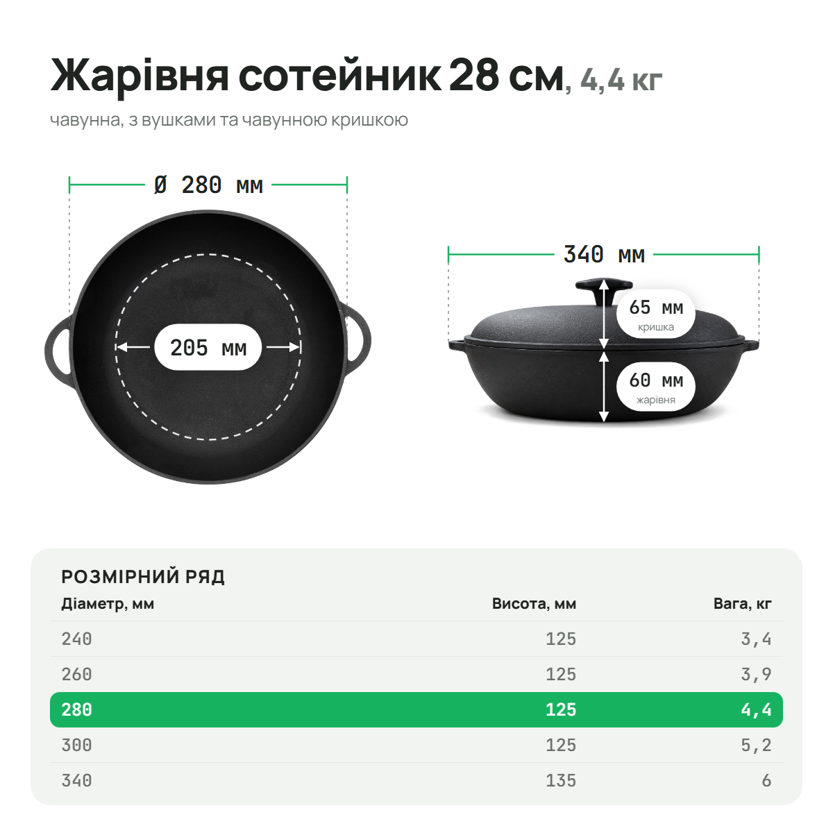 Жаровня чугунная сотейник 280х60 мм с чугунной крышкой ТМ СИТОН 2860R-K фото