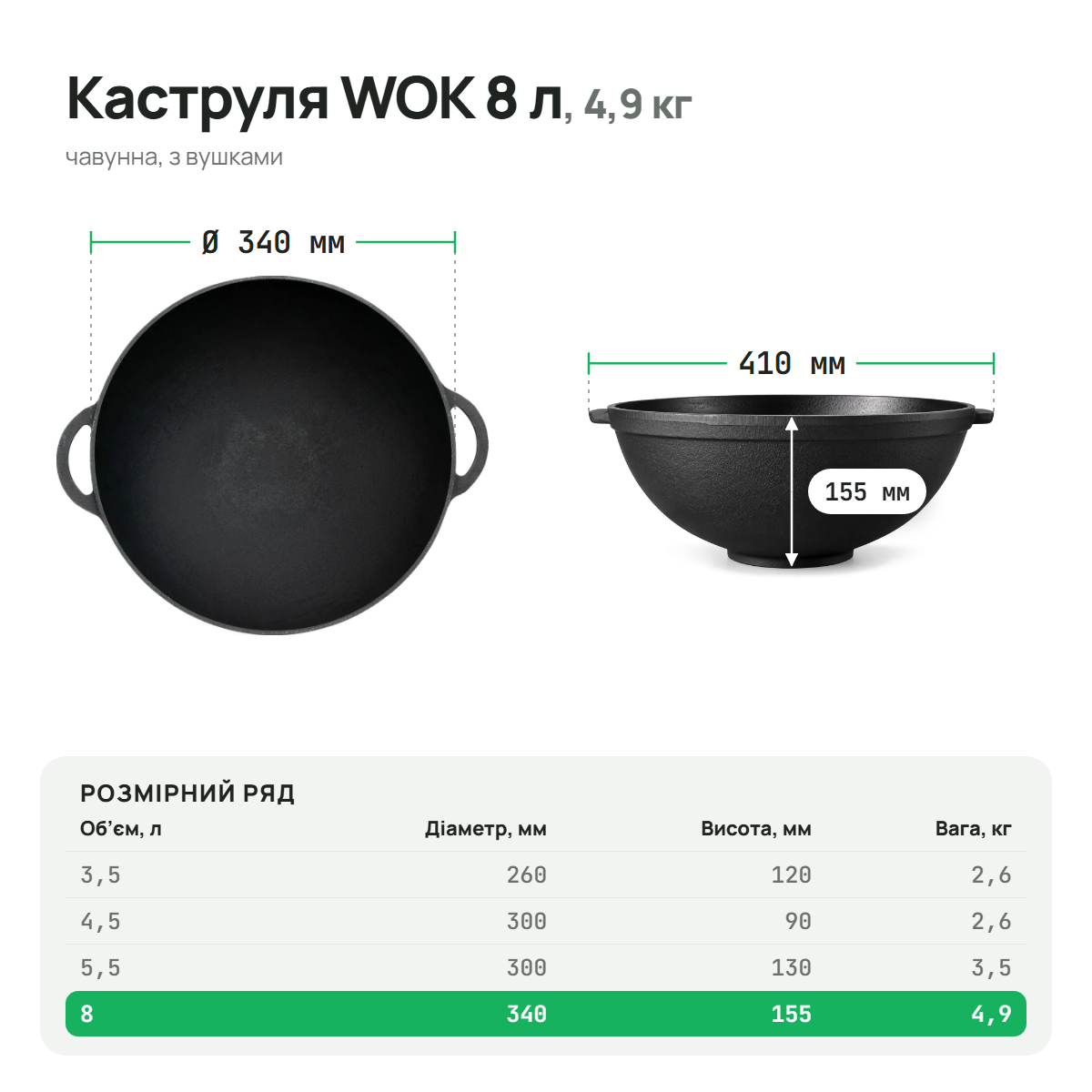 Кастрюля чугунная WOK 8 л ТМ СИТОН 3415W фото
