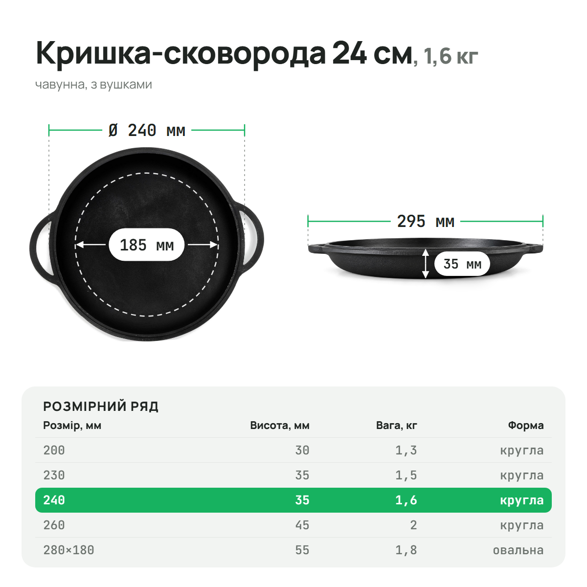 Кришка-сковорода чавунна, діаметр 240 мм, ТМ СІТОН 240KS фото
