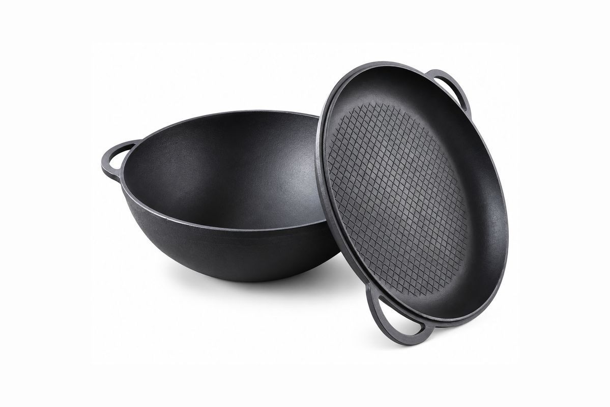 Кастрюля чугунная WOK 8 л с рифлёной крышкой-сковородой ТМ СИТОН 3415W-KS фото
