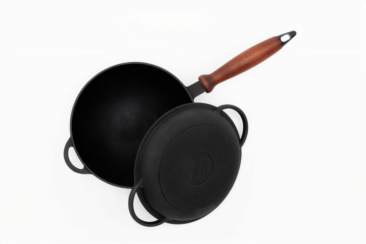 Сковорода чугунная WOK 200х90 мм с деревянной ручкой и чугунной крышкой-сковородой ТМ СИТОН 2090WH-KS фото