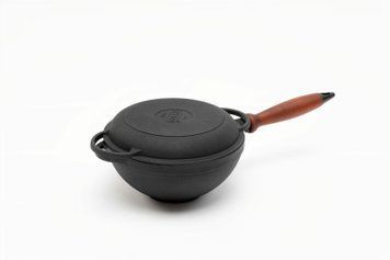 Сковорода чугунная WOK 200х90 мм с деревянной ручкой и чугунной крышкой-сковородой ТМ СИТОН 2090WH-KS фото