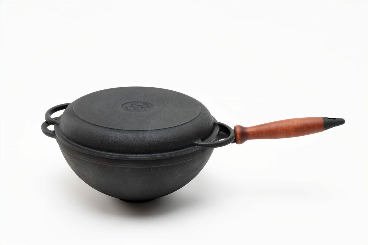 Сковорода чугунная WOK 260х120 мм с деревянной ручкой и чугунной крышкой-сковородой ТМ СИТОН 2612WH-KS фото