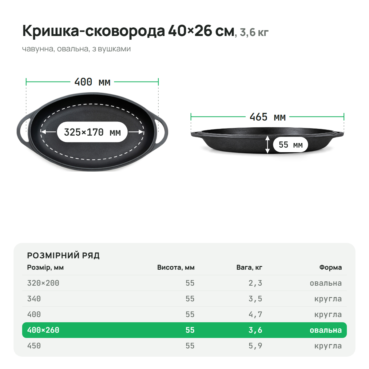 Крышка-сковорода чугунная, размер 400х260 мм, ТМ СИТОН 4026KS фото