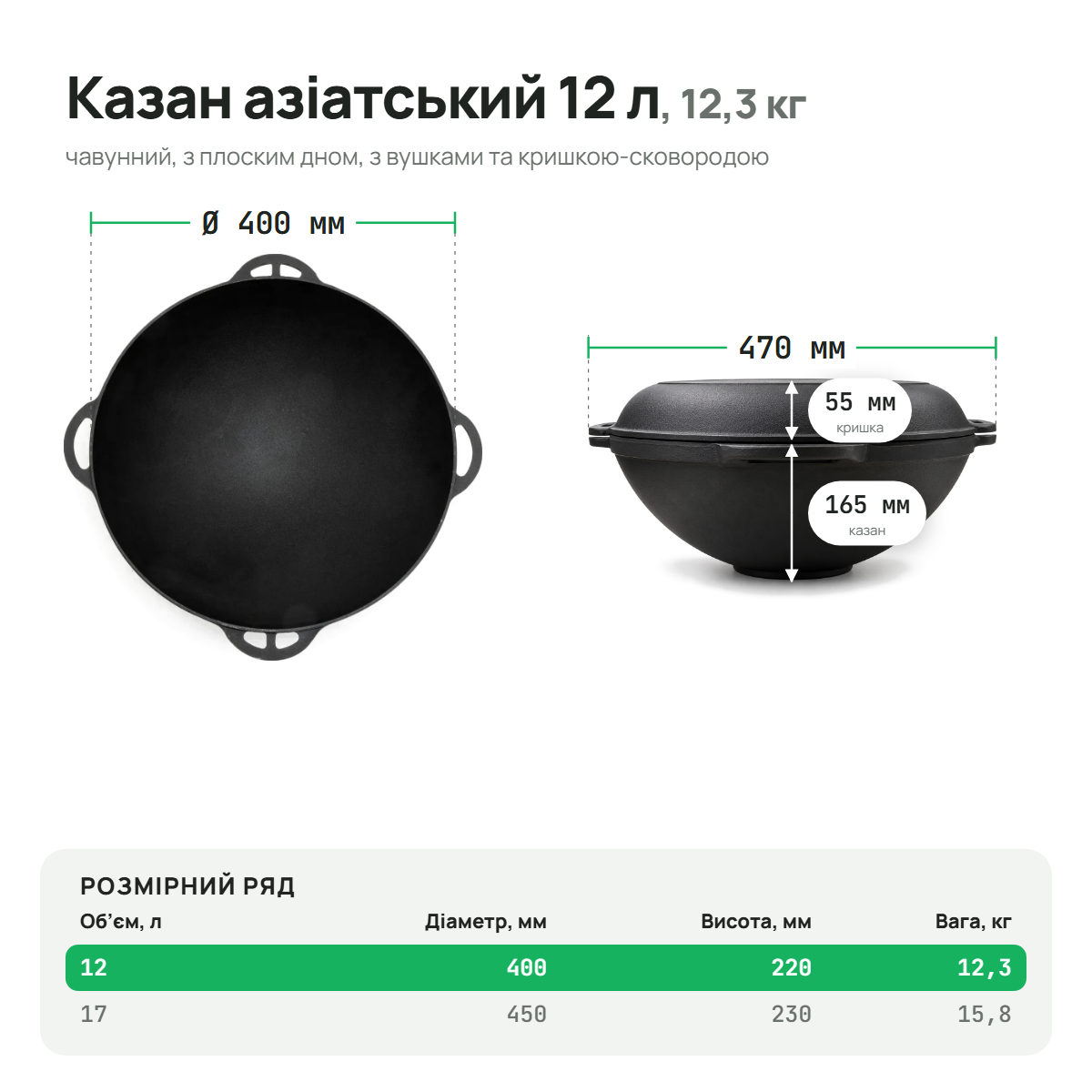 Казан чугунный азиатский 12 л с рифлёной крышкой-сковородой (плоское дно), ТМ СИТОН AZ12-FKS фото