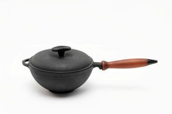 Сковорода чугунная WOK 260х120 мм с деревянной ручкой и чугунной крышкой ТМ СИТОН 2612WH-K фото