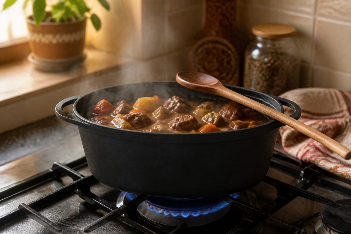Гусятница 3,5 л на газовой конфорке, внутри тушится мясо с овощами