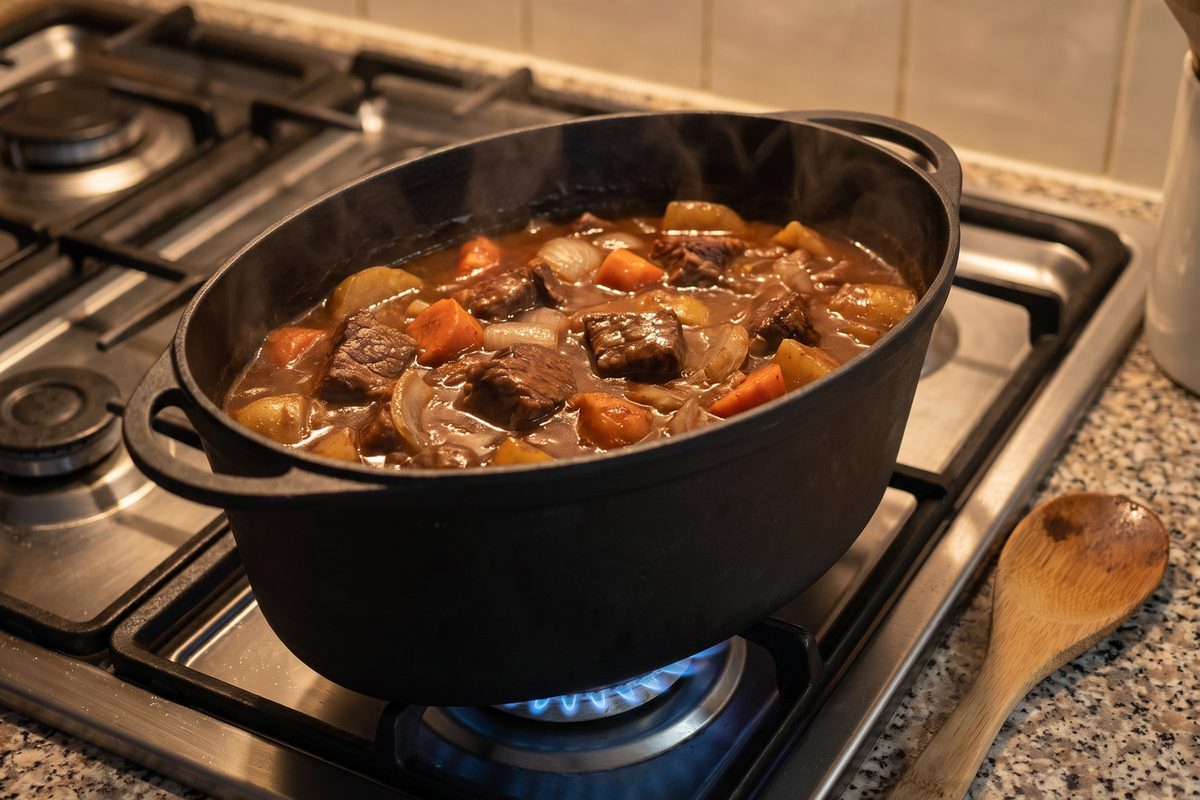 Гусятница 5 л на газовой конфорке, внутри тушится мясо с овощами