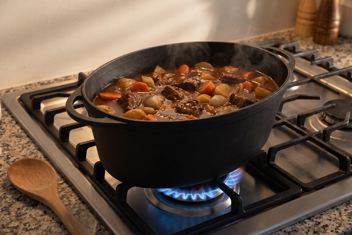 Гусятница 9 л на газовой конфорке, внутри тушится мясо с овощами
